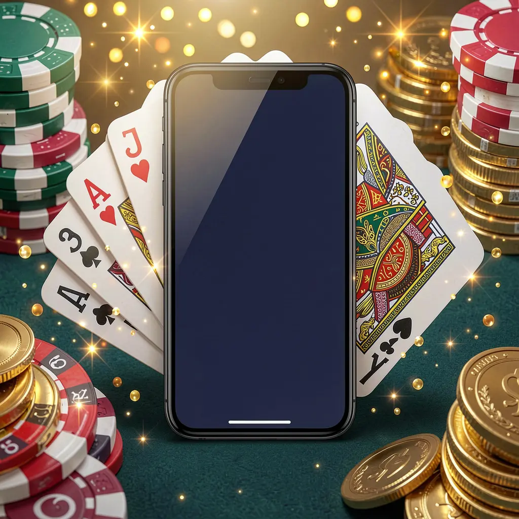 UDM19 mobile gaming application concept featuring a smartphone surrounded by playing cards, roulette chips, gold coins, and sparkling lights in a premium casino style UDM19 mobile gaming application concept featuring a smartphone surrounded by playing cards, roulette chips, gold coins, and sparkling lights in a premium casino style