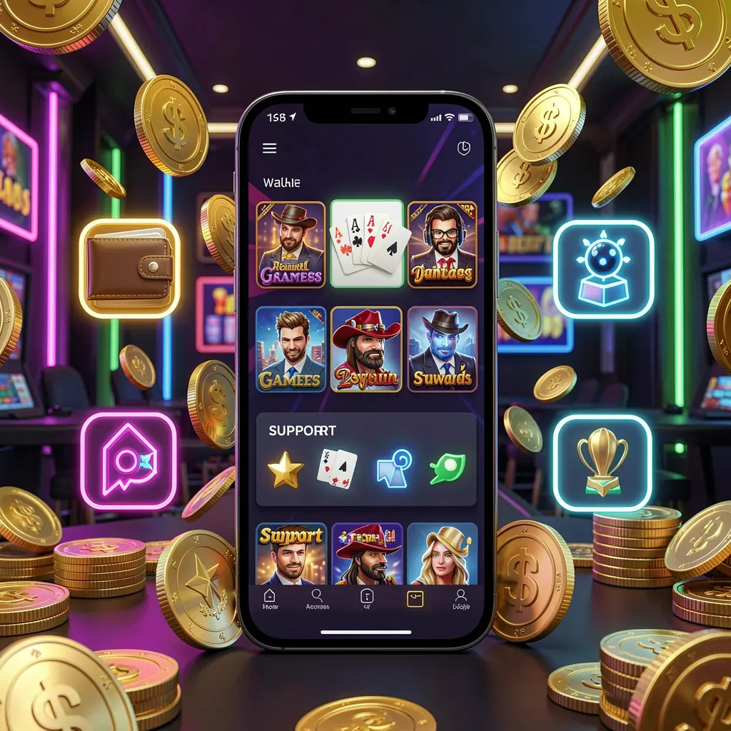 UDM19 online casino app features displayed on a smartphone surrounded by icons for wallet, games, support, and rewards with golden coins and neon lights in a luxury 3D render UDM19 online casino app features displayed on a smartphone surrounded by icons for wallet, games, support, and rewards with golden coins and neon lights in a luxury 3D render