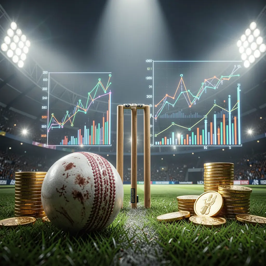 UDM19 cricket betting page background featuring a cricket ball in the foreground with wickets behind, dramatic stadium floodlights, golden coins, and glowing data charts UDM19 cricket betting page background featuring a cricket ball in the foreground with wickets behind, dramatic stadium floodlights, golden coins, and glowing data charts