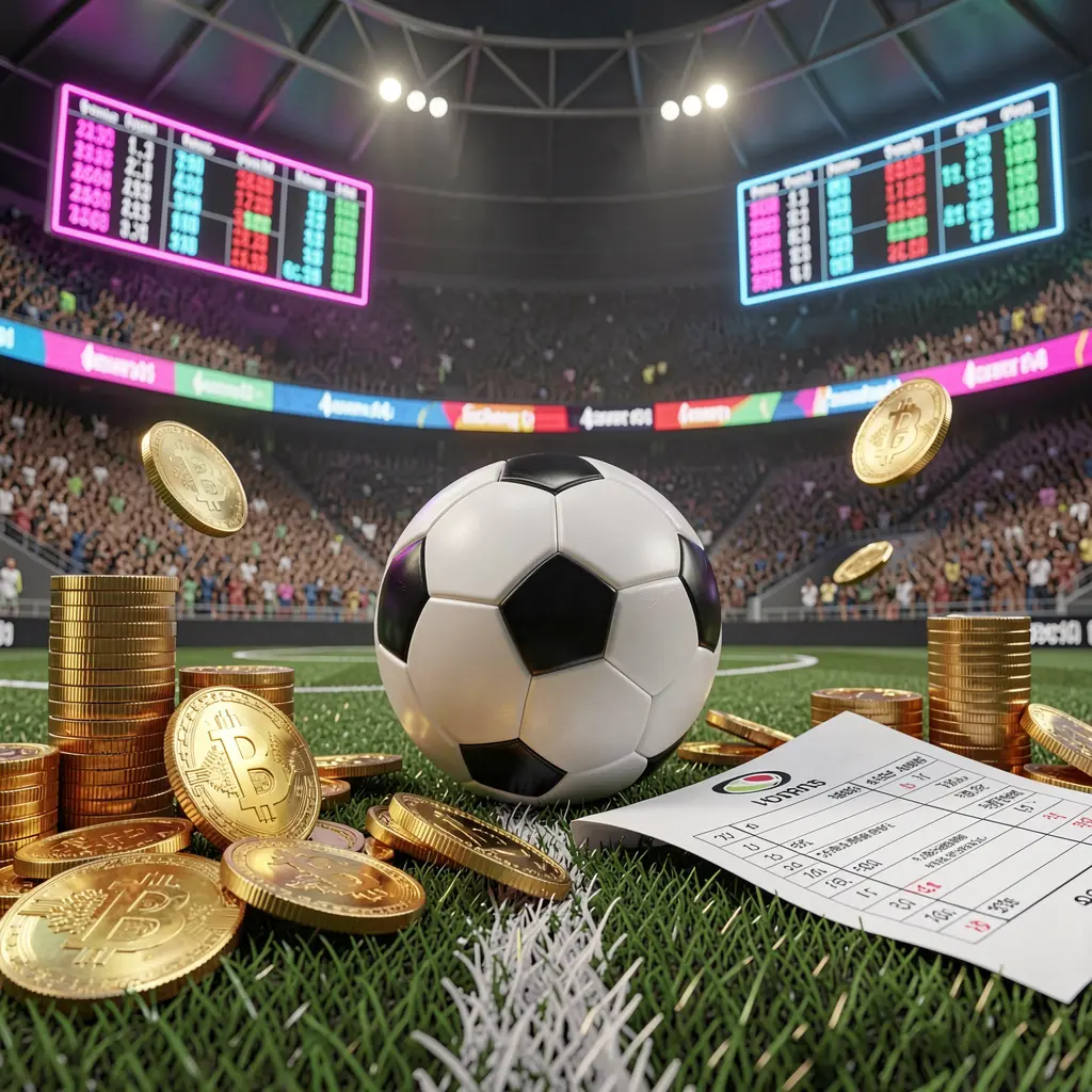 UDM19 premium sports betting scene showing a football field with a stadium crowd, a soccer ball, golden coins, betting slip elements, and neon odds panels in a realistic high detail 3D render UDM19 premium sports betting scene showing a football field with a stadium crowd, a soccer ball, golden coins, betting slip elements, and neon odds panels in a realistic high detail 3D render