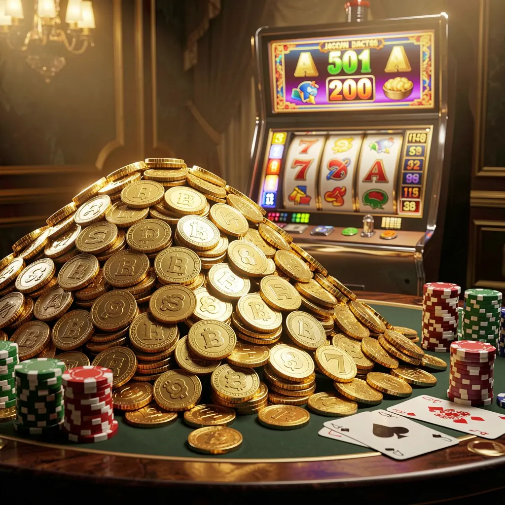 UDM19 online casino jackpot bonus scene featuring a massive pile of golden coins, a slot machine with glowing jackpot lights in the background, poker chips and playing cards on a luxury table under dramatic cinematic lighting UDM19 online casino jackpot bonus scene featuring a massive pile of golden coins, a slot machine with glowing jackpot lights in the background, poker chips and playing cards on a luxury table under dramatic cinematic lighting
