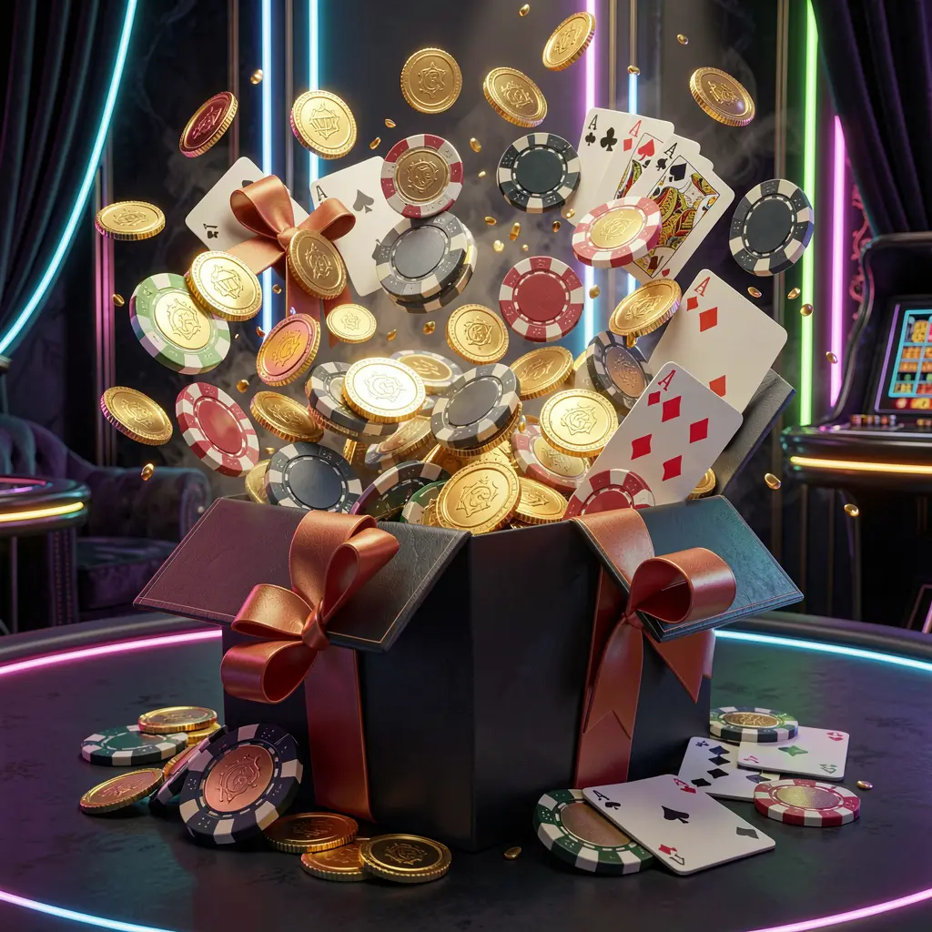 UDM19 online casino bonus gift box exploding with golden coins, poker chips, and playing cards on a dark luxury background with glowing neon accents UDM19 online casino bonus gift box exploding with golden coins, poker chips, and playing cards on a dark luxury background with glowing neon accents