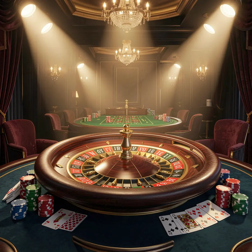 UDM19 live casino scene featuring a roulette table, playing cards, and chips under glowing spotlights with a dark elegant background in a cinematic 3D style UDM19 live casino scene featuring a roulette table, playing cards, and chips under glowing spotlights with a dark elegant background in a cinematic 3D style