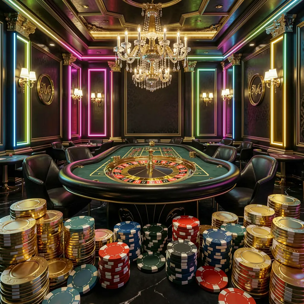 Luxury casino hall with roulette table, poker chips, and golden coins in a premium black and gold atmosphere featuring glowing neon lights, showcasing UDM19 online casino Luxury casino hall with roulette table, poker chips, and golden coins in a premium black and gold atmosphere featuring glowing neon lights, showcasing UDM19 online casino