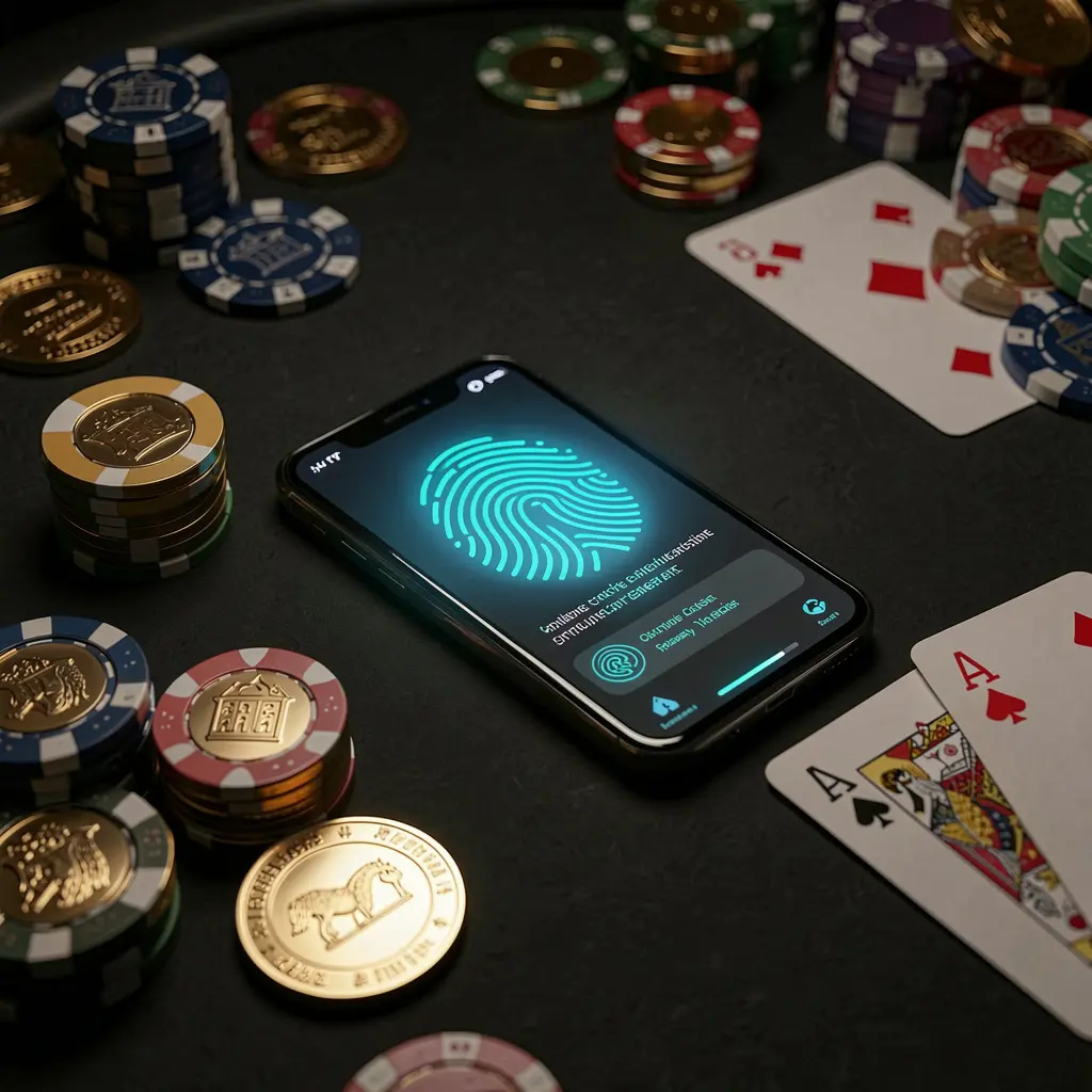 UDM19 online casino authentication concept showing a phone with a glowing fingerprint scan on a premium black table surrounded by poker chips, golden coins, and playing cards in a cinematic 3D render UDM19 online casino authentication concept showing a phone with a glowing fingerprint scan on a premium black table surrounded by poker chips, golden coins, and playing cards in a cinematic 3D render