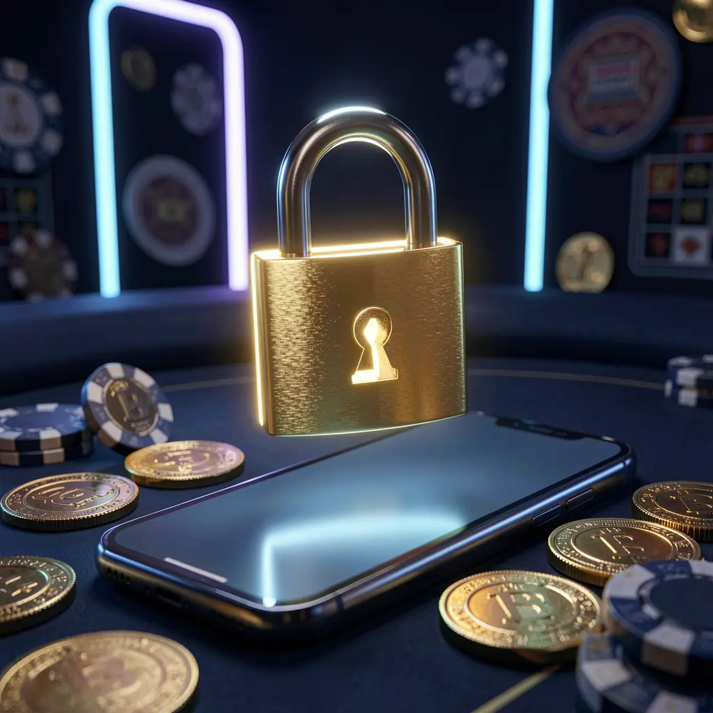 UDM19 casino login security image featuring a glowing padlock floating above a smartphone with golden coins and chips scattered around on a dark blue neon background UDM19 casino login security image featuring a glowing padlock floating above a smartphone with golden coins and chips scattered around on a dark blue neon background
