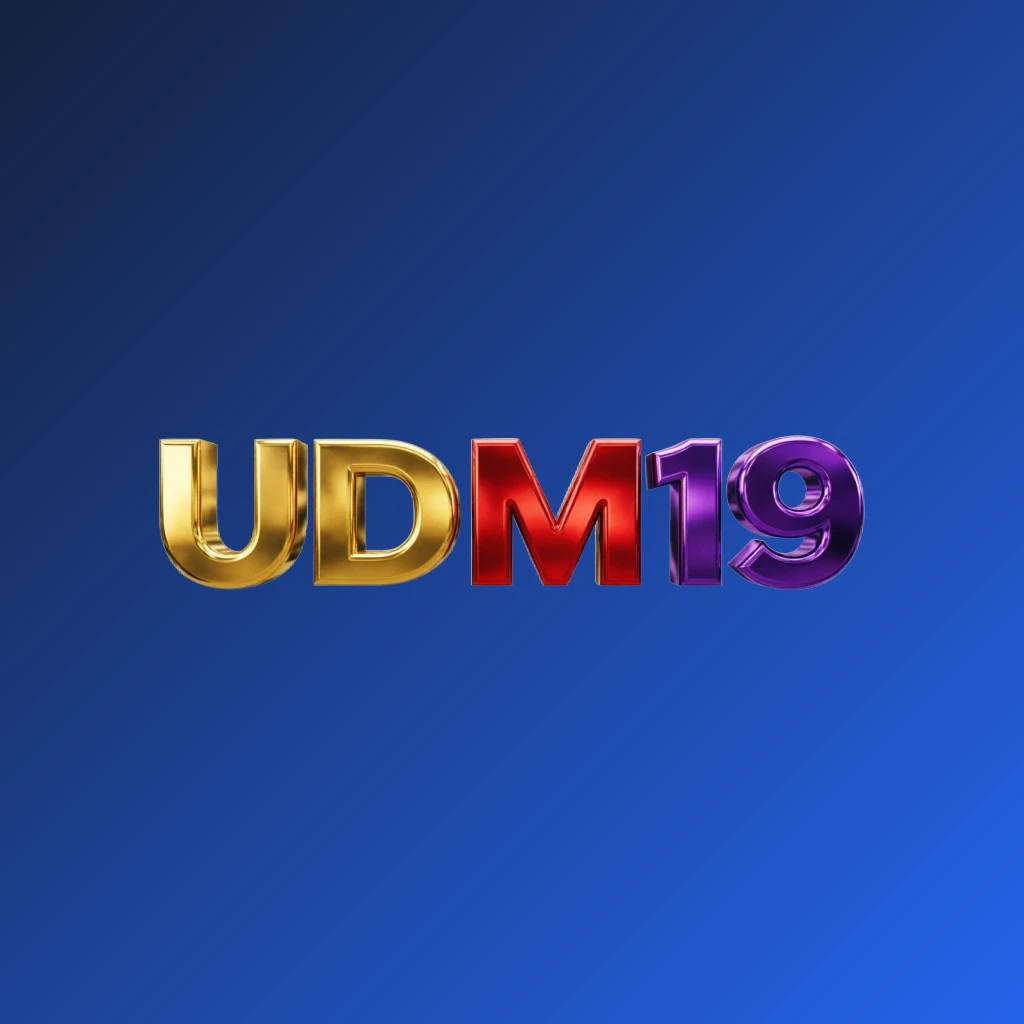Bright premium UDM19 logo with thick uppercase typography in vivid gold, red, and purple colors, featuring a polished metallic finish and strong visual impact on a transparent background, designed as a wide horizontal rectangular wordmark for a website header Bright premium UDM19 logo with thick uppercase typography in vivid gold, red, and purple colors, featuring a polished metallic finish and strong visual impact on a transparent background, designed as a wide horizontal rectangular wordmark for a website header