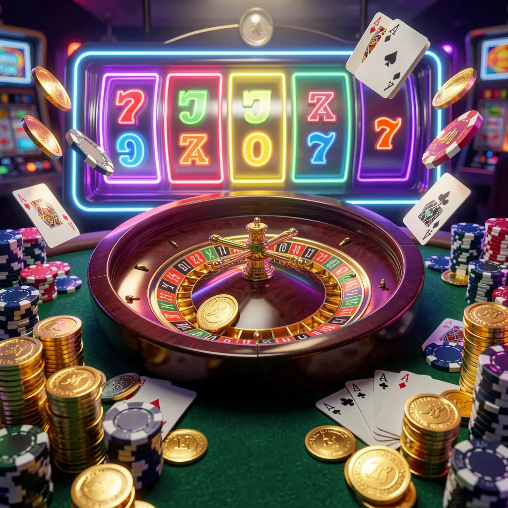 UDM19 casino homepage visual featuring a realistic 3D render of a roulette wheel, poker chips, playing cards, golden coins, and vibrant jackpot lights with bright neon glow in a dynamic composition UDM19 casino homepage visual featuring a realistic 3D render of a roulette wheel, poker chips, playing cards, golden coins, and vibrant jackpot lights with bright neon glow in a dynamic composition